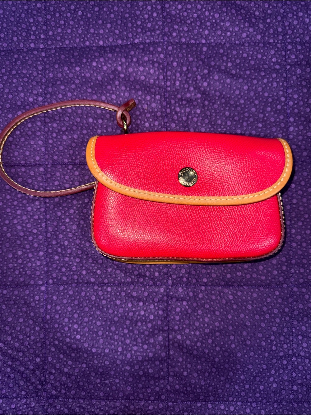 Dooney & Bourke Red Leather Wristlet with Tan Trim and Brown Strap